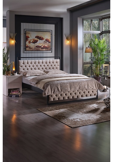 Mithra Çift Kişilik Metal Karyola Krem Ahşap Latalı