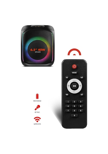 Powerway MIO Taşınabilir Mikrofonlu 40 W Parti Karaoke Kumandalı Bluetooth Hoparlör Led Işıklı