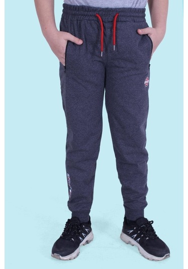 Fermuar Cep Detaylı, Yazı Baskılı Erkek Çocuk Eşofman Altı Füme