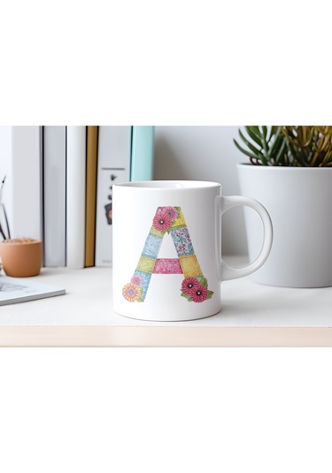 A Harfli Retro Çiçekli Kupa Bardak - Patchwork Tarz Yamalı Desenli İsme Özel Kupa - Hediye 07 Beyaz