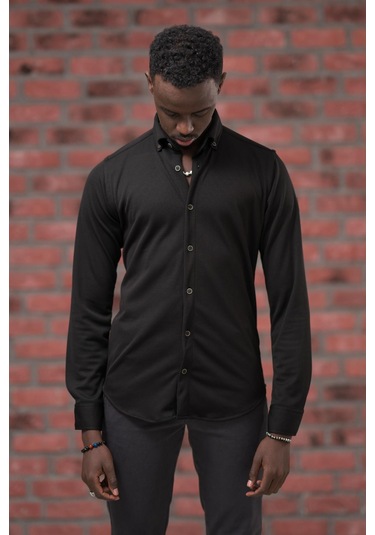 Advante İnce Fitilli Full Likralı Yaka Düğmeli Mevsimlik Slimfit Gömlek Siyah