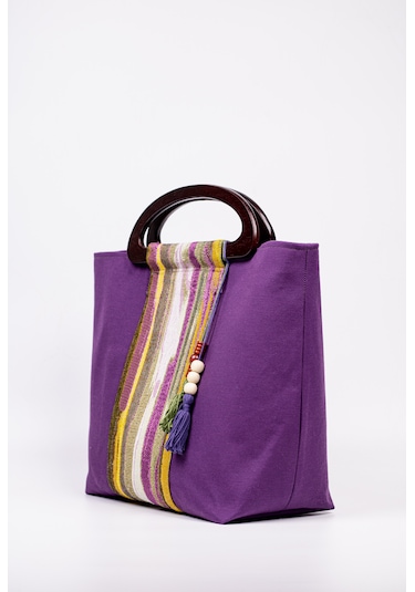 Fabric Craft Bag El Çantası Duck Kumaş Ahşap Saplı Mor Mor