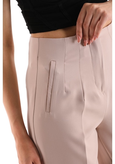 Yüksek Bel Pileli Filota Cep Görünümlü Dabıl Kumaş Pantolon Bej