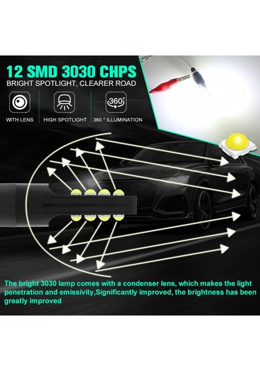 Youmex H3 12 Led 6000-6500k Beyaz Araba Fari Işığı, 12v Dc, 3030 Smd Çip, 2 Adet Paket