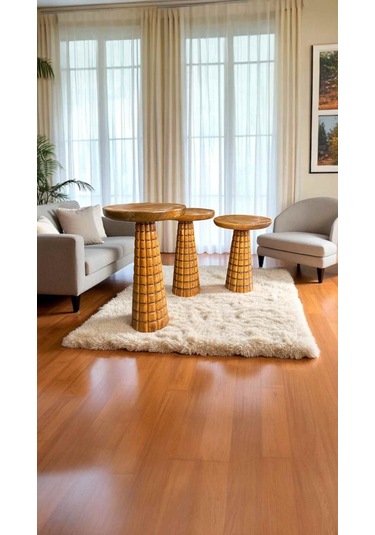 Masif Ahşap Zigon Sehpa Seti 3'lü Tik Renk Mantar Tasarım