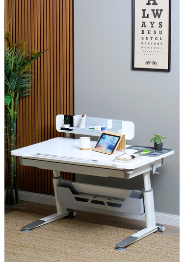 Sirius Standart Yükseklik Ve Eğim Ayarlı Çekmeceli Bilgisayar, Ofis Ve Çalışma Masası Beyaz Gri Gri