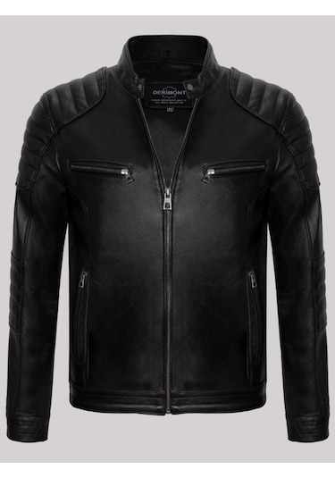 Hakiki Kuzu Derisi Siyah Erkek Deri Mont Leon Deri Ceket Siyah