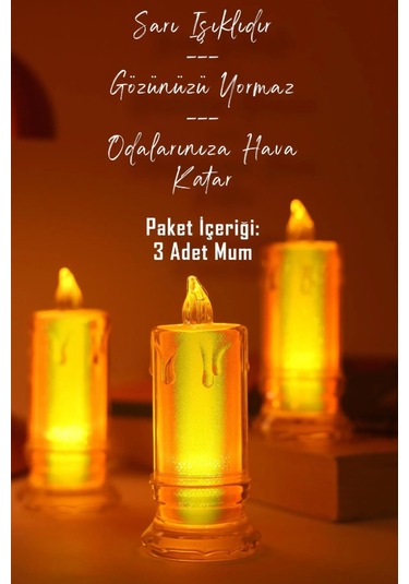 3 Adet Led Mum Simli Tipi Pil Dahil Dumansız Alev Ledli Yapay Dekoratif Mum Işığı Büyük Pt423 ŞEFFAF