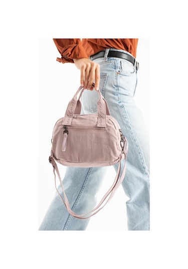 Kadın Omuz Çantası Elde Tutmalı Çapraz Askılı Postacı Bayan Çantası 20 27 Cm Astarlı Hafif Kumaş Pembe