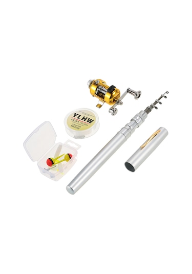 Mufunye Alüminyum Çelik Mini Balıkçılık Seti - 99cm Uzatılabilir Kalem Şeklinde Kamış + Makara + İp + Yem Kutusu Gümüş Gümüş