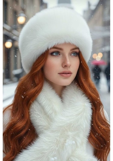 Tezzgelsin Kadın Kışlık Vegan Kürk Peluş Kalpak Şapka Ve Atkı Seti Beyaz