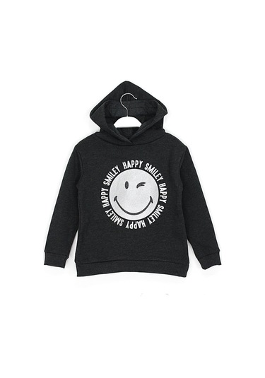 Smile Baskılı Kız Çocuk Kışlık Kapüşonlu Sweatshirt 7 - 16 Yaş Siyah