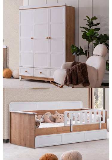 Mira Çocuk Odası Takımı, Mira Yavrulu Karyola, Berlin 3 Kapaklı Dolap - Ceviz Renkli