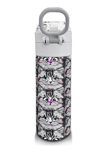Coral High Kids Gri Kedi Desenli Pipetli Ve Direkt İçim Çelik Termos 500 Ml 31851 Gri