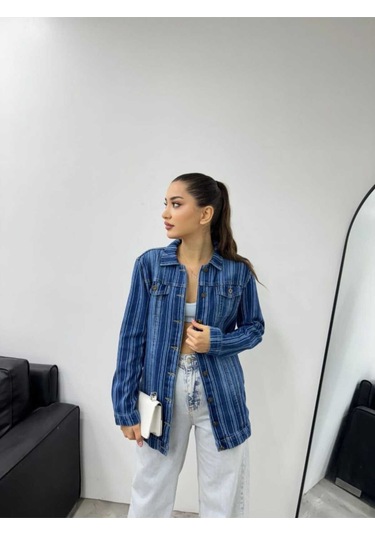 Shevega Kadın Çizgili Mavi Işlemli Boyfriend Kot Ceket Mavi