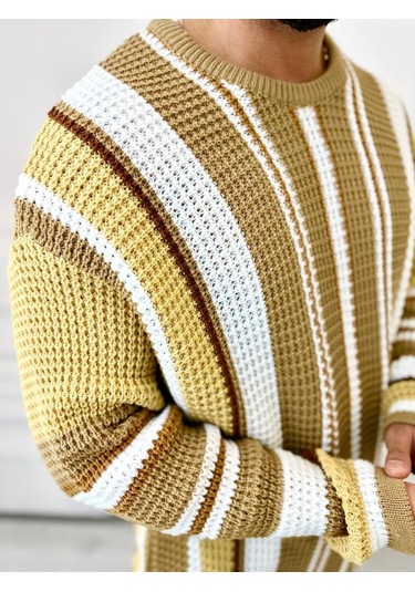 Kazak Oversize Renkli Örgü Desenli Naturel Pamuk Bol Kesim Salaş Triko Kazak Hardal