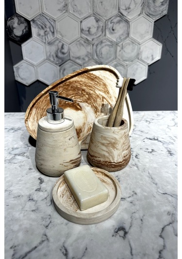 Betonmall 4 Parça Mermer Desenli Beton Banyo Seti Katı Sıvı Sabunluk Diş Fırçalığı Sunum Tepsisi - Bej Bej