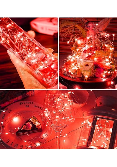 Ev Balkon Ve Parti İçin 10 Metre Kırmızı Renk Pilli Peri Led Yılbaşı Süsü Işık Kırmzı