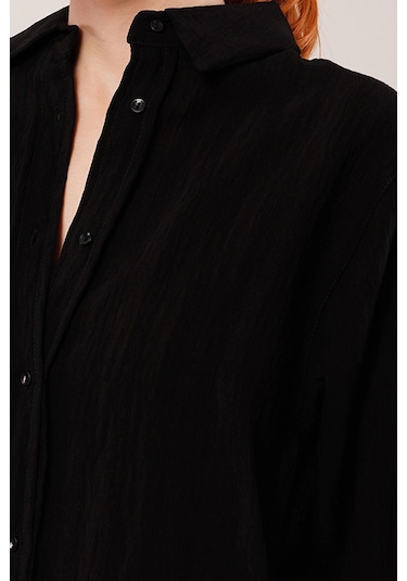 Düğmeli Ve Çizgi Detaylı Siyah Gömlek Siyah