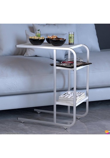 Modilayn C Yan Sehpa Dar Boy Tekerlekli Çalışma, Atıştırmalık, Yemek, Laptop Sehpası Beyaz Çizgili Beyaz