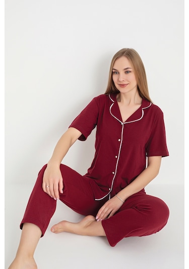 Bordo Renk Biyeli Pamuklu Kısa Kol Pijama Takımı Bordo