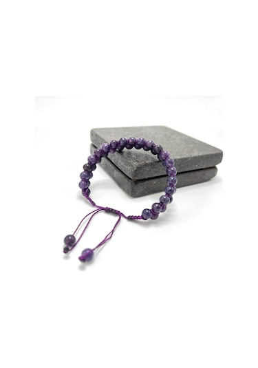 Sertifikalı Ametist Çift Sıra Doğal Taş Makrome Bileklik Ayarlanabilir Ölçü Mor