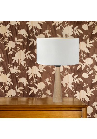 Naturel Masif Ahşap Ayaklı Abajur Silindir Krem Kumaş Başlıklı Masa Lambası Komodin Abajur Krem