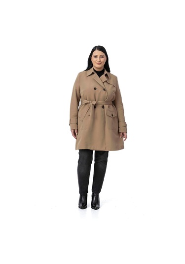 Büyük Beden Kruvaze Kolu Bant Detaylı Cepli Kuşaklı Astarlı Vizon Trençkot Vizon