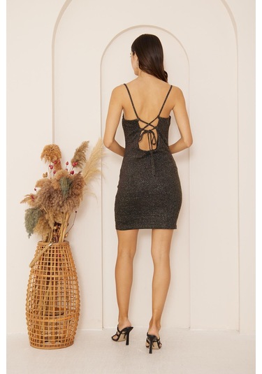 Kadın Siyah Gold Simli Sırt Dekolteli Mini Elbise Dm1036 Siyah