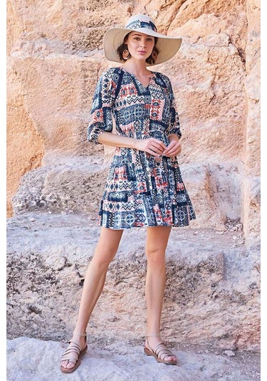 Monamise 23064 Kadın Etnik Desen Truvakar Kol V Yaka Elbise-lacivert Lacivert