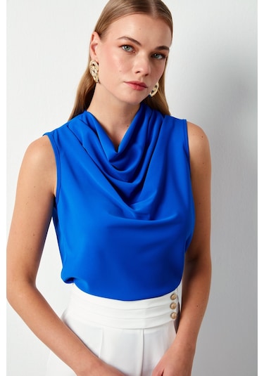 Sateen Degaje Yaka Kolsuz Bluz - Saks Mavisi