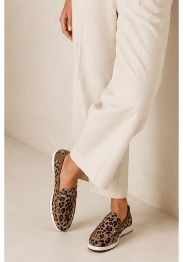 Sovenso Sunny Hakiki Deri Desert Leopar Süet Termo Taban Kahve Loafer