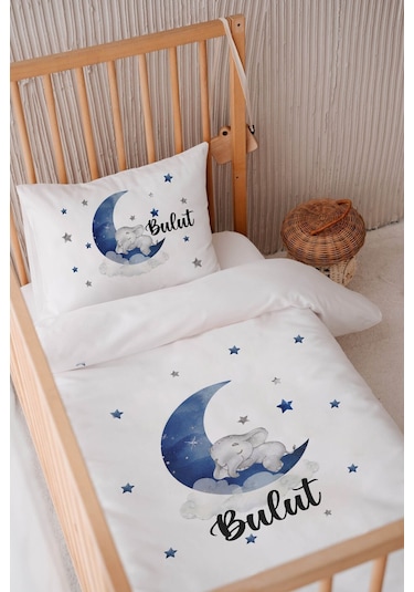 %100 Pamuk Saten Isme Özel Isimli 100x150 Bebek Yatak Nevresim Seti Fil