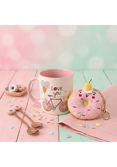 Donut Peluş Anahtarlıklı Kupa 360 Ml Pembe4