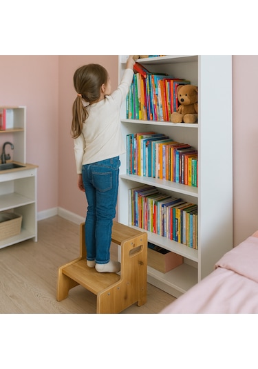 Momo Ahşap Basamak Tabure Çocuk Banyo Wc Lavabo Merdiven Yükseltici Eğitici Kaymaz Montessori Safir Meşe