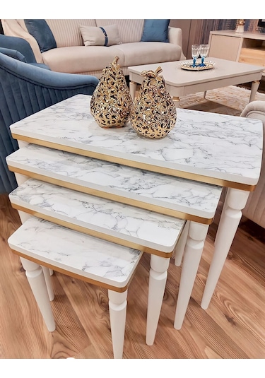 Akset 4lü Lüx Zigon Sehpa Beyaz Mermer Gold