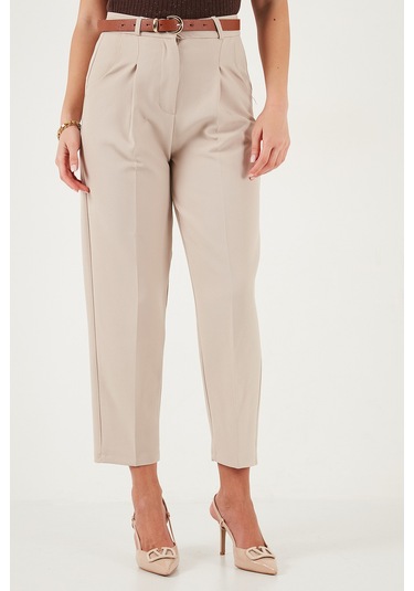 Lela Regular Fit Yüksek Bel Düz Paça Kemerli Bayan Pantolon 68350938 Taş