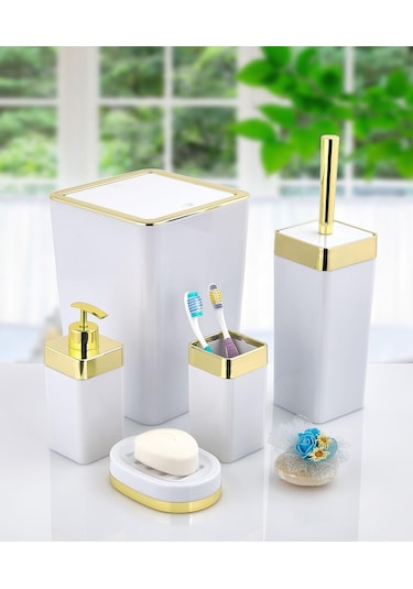 Akrilik Gold Çizgi Banyo Takımı 5'Li Kare Banyo Seti Beyaz