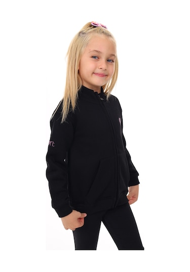 Toontoy Kız Çocuk Dik Yaka Fermuarlı Cepli Nakış Baskılı Örme Hırka - 2 İplik Şardonlu Siyah