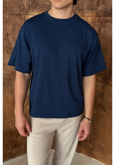 Hyman Erkek %100 Pamuk Oversize Basic T-shirt İndigo