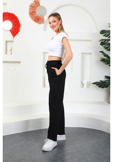 Kallima Siyah Mevsimlik Salaş Rahat Bol Paça Kadın Eşofman Altı Siyah