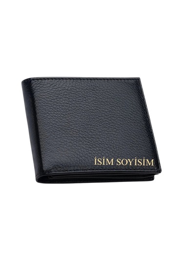 Erkek Hakiki Deri Cüzdan İsim Baskılı Yatay Model Siyah