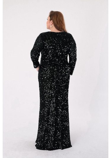 Lilas Xxl Kadın Büyük Beden Pul Payetli V Yaka Uzun Abiye Elbise 2479 Siyah Siyah