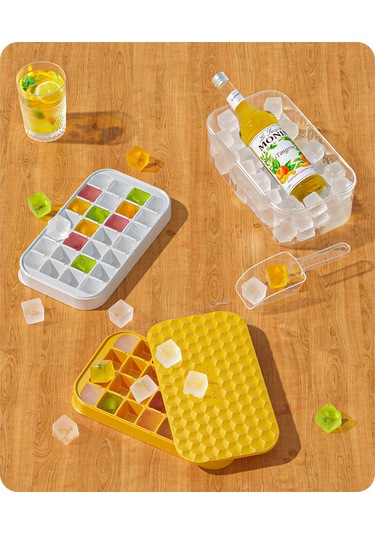 2 Parçalı Silikon Buz Tepsisi, Buz Küpü Filmi Ve Tepsisi Seti 28 Izgaralı Pp Buz Tepsisi Ev Tipi Buz Yapma Kapaklı Saklama Kutusu Sarı-büyük Boy Sarı