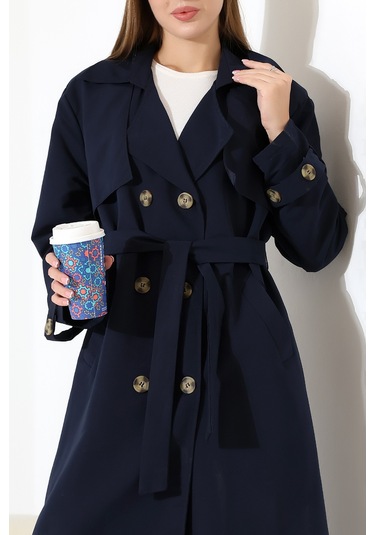 Amazon Keten Kumaş Diz Altı Yumuşak Dokulu Düğmeli Astarlı Trenç Kot Lacivert Lacivert