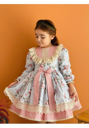 Mavi Çiçekli Önü Fiyonklu Vintage Elbise, Özel Dikim Çocuk Elbisesi, Doğum Günü Elbisesi,0-12 Yaşa Uygun Mavi