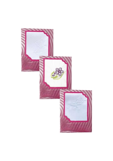 3 Lü Özel Paket Premium Kadın İşlemeli Mendil Seti %100 Pamuk 28x28 Cm Çok Renkli