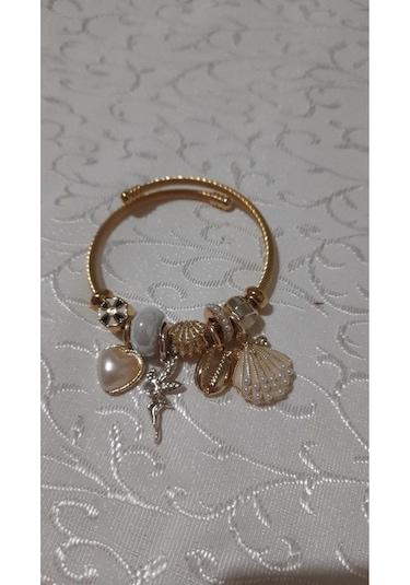 Uzel Sarı Gold Model Incili Deniz Kabuğu Charmlı Çelik Bileklik Beyaz