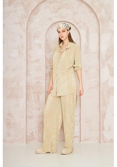 Kadın Pliseli Beli Lastikli Pantolon Tunik Gömlek Ikili Bürümcük Salaş Takım 3573300 Sarı