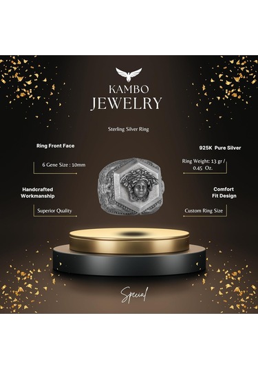 Medusa Motifli 925 Ayar Gümüş Yüzük, Cesur Sembol Yüzük Gümüş